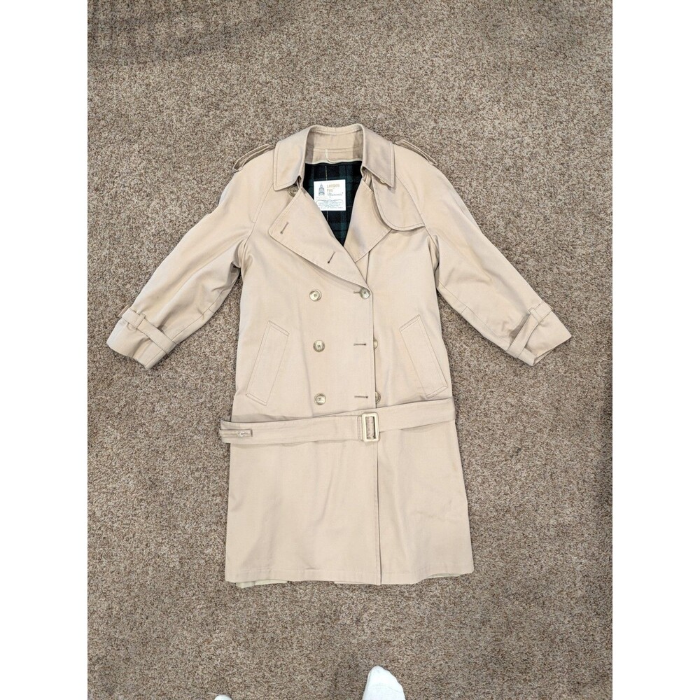 Vintage London Fog Maincoats Trench Coat Womens Petite Beige Belted Plaid Liner